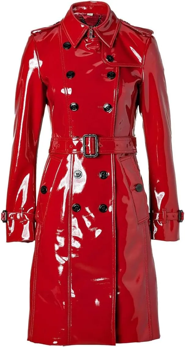 PVC Vinyl Womens Trench Coat Women Red Belted Waist Coats Women’s Latex Jackets