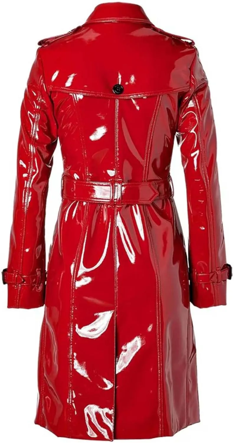 PVC Vinyl Womens Trench Coat Women Red Belted Waist Coats Women’s Latex Jackets