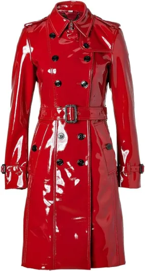 PVC Vinyl Womens Trench Coat Women Red Belted Waist Coats Women’s Latex Jackets