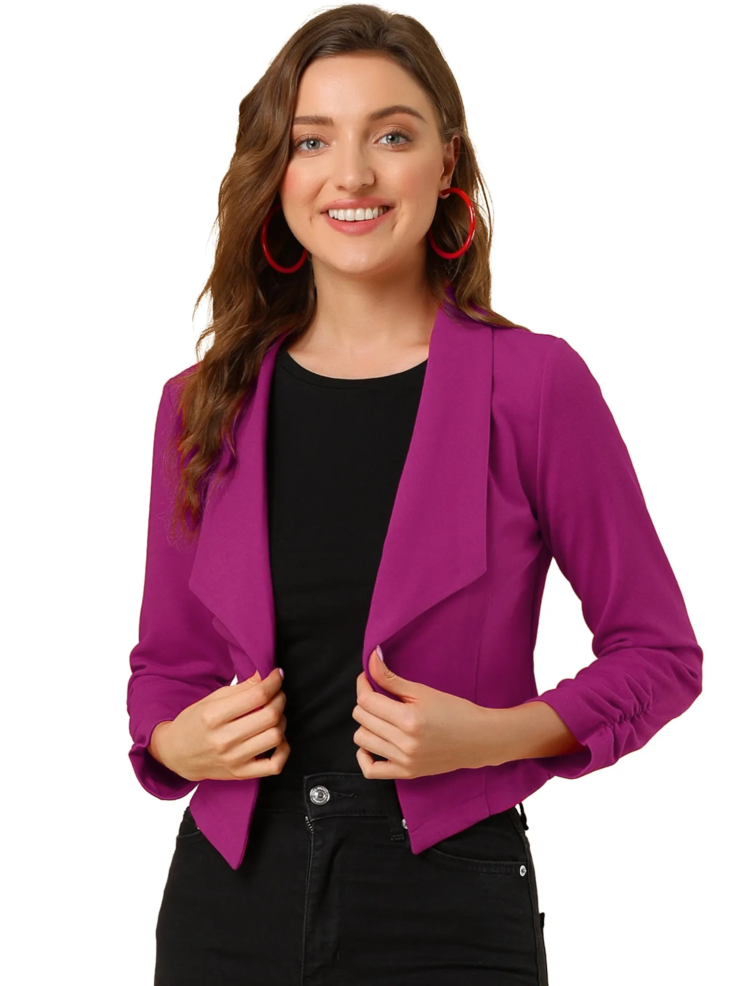 Ruched Sleeve Notched Lapel Business Cropped Blazer Jacket