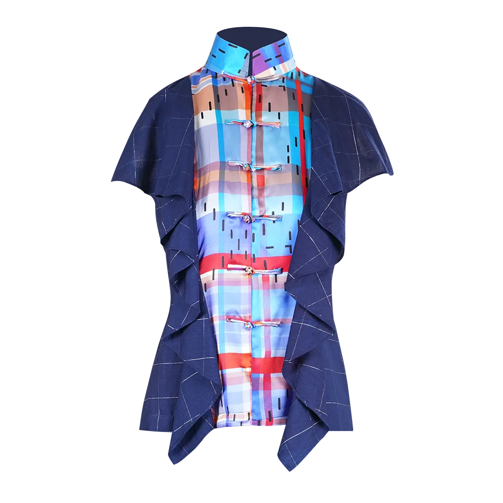 【RUFFLES】Red-White-Blue Satin Indigo Sleeveless Top (紅白藍)