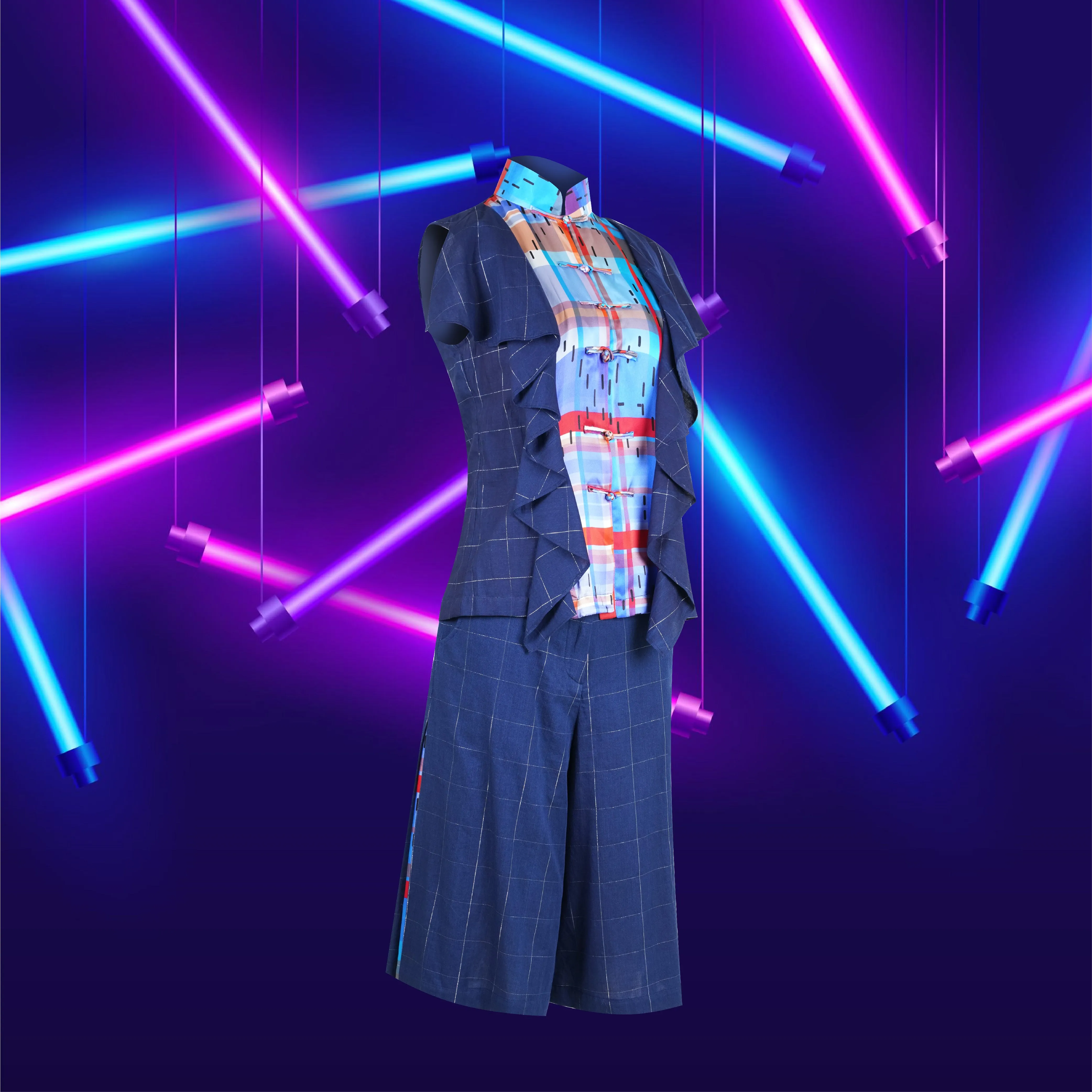 【RUFFLES】Red-White-Blue Satin Indigo Sleeveless Top (紅白藍)