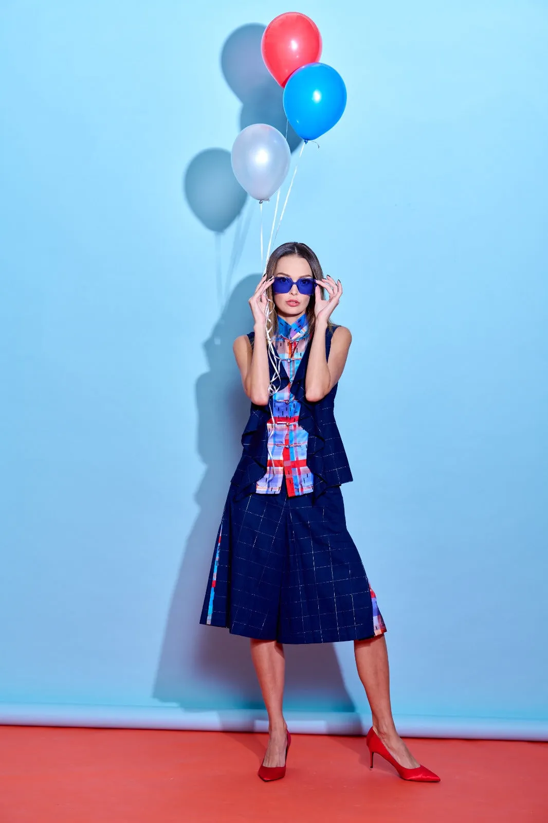 【RUFFLES】Red-White-Blue Satin Indigo Sleeveless Top (紅白藍)
