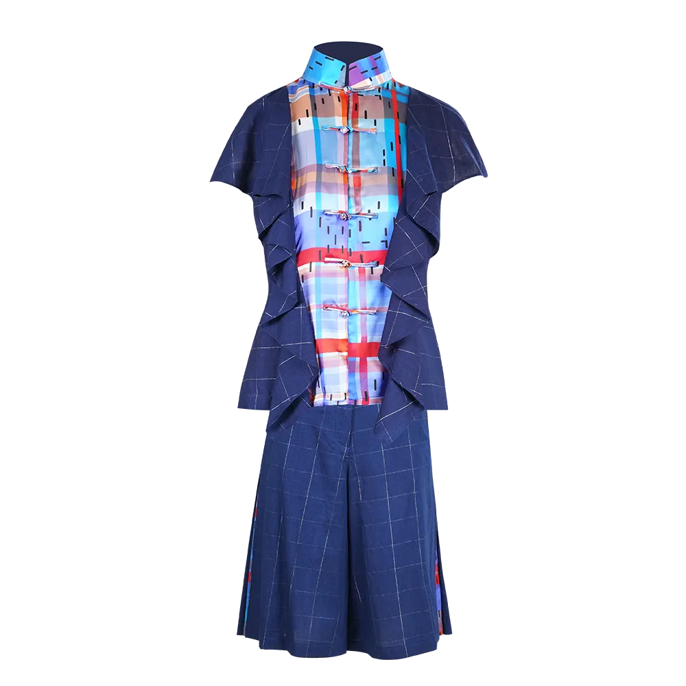 【RUFFLES】Red-White-Blue Satin Indigo Sleeveless Top (紅白藍)