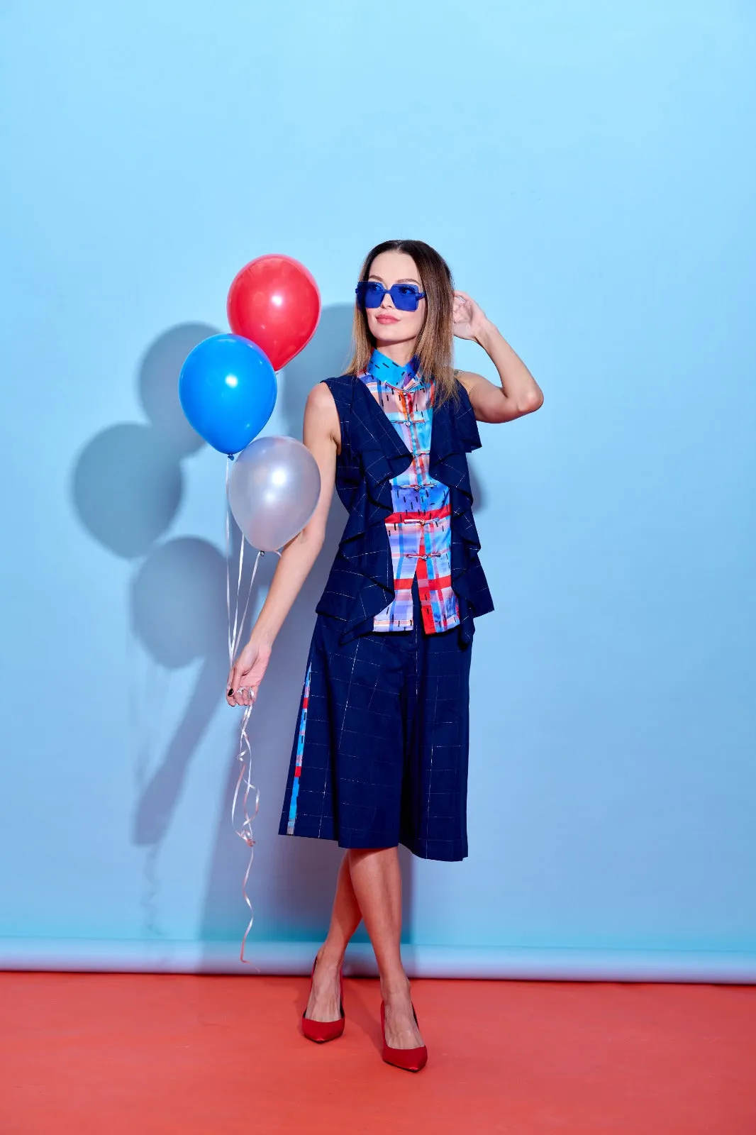 【RUFFLES】Red-White-Blue Satin Indigo Sleeveless Top (紅白藍)