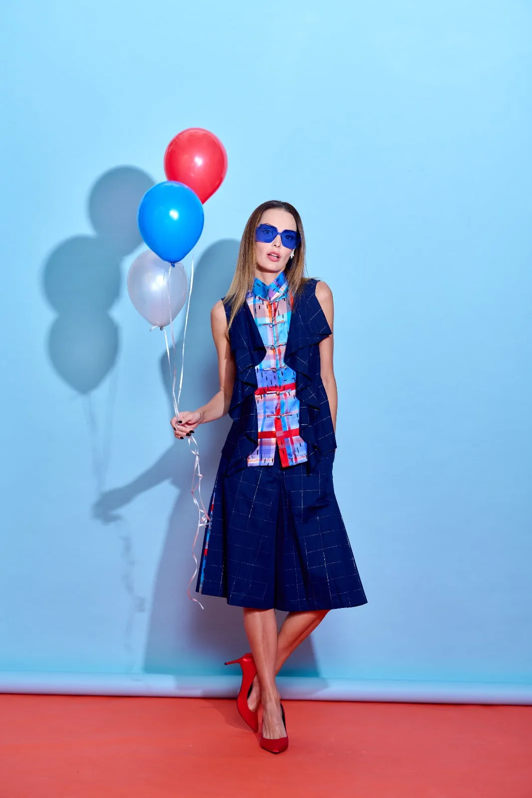 【RUFFLES】Red-White-Blue Satin Indigo Sleeveless Top (紅白藍)