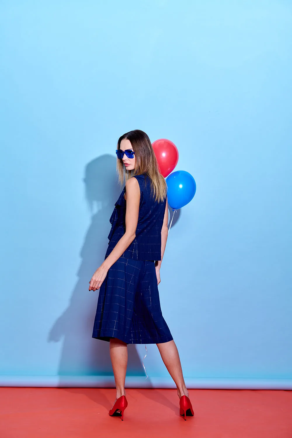 【RUFFLES】Red-White-Blue Satin Indigo Sleeveless Top (紅白藍)