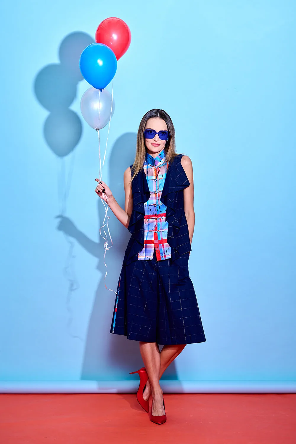 【RUFFLES】Red-White-Blue Satin Indigo Sleeveless Top (紅白藍)