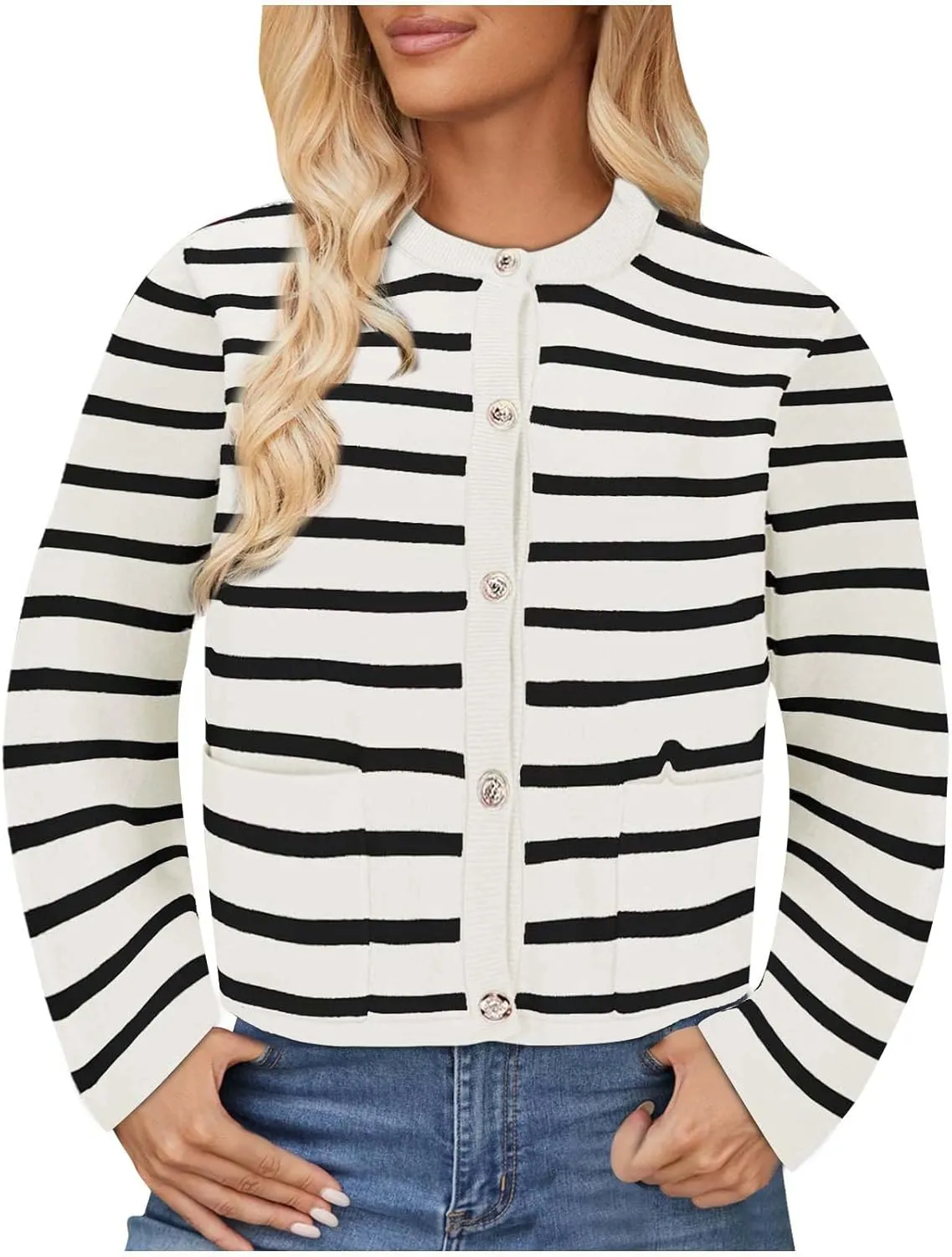 Sinzelimin Women's Open Front Cardigan Sweaters Fashion Striped Button Down Cable Knit Chunky Lapel Knitwear Outwear Coats