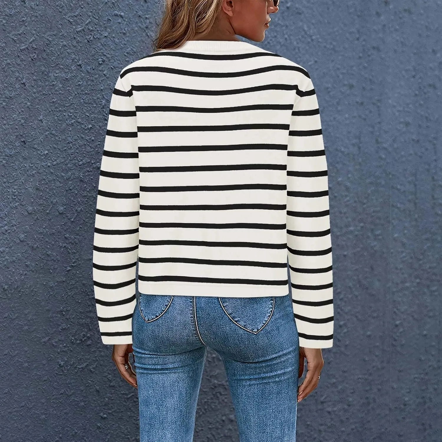 Sinzelimin Women's Open Front Cardigan Sweaters Fashion Striped Button Down Cable Knit Chunky Lapel Knitwear Outwear Coats