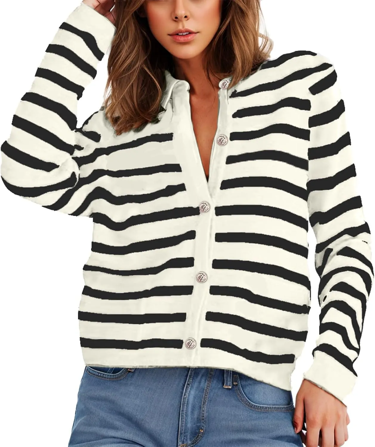 Sinzelimin Women's Open Front Cardigan Sweaters Fashion Striped Button Down Cable Knit Chunky Lapel Knitwear Outwear Coats