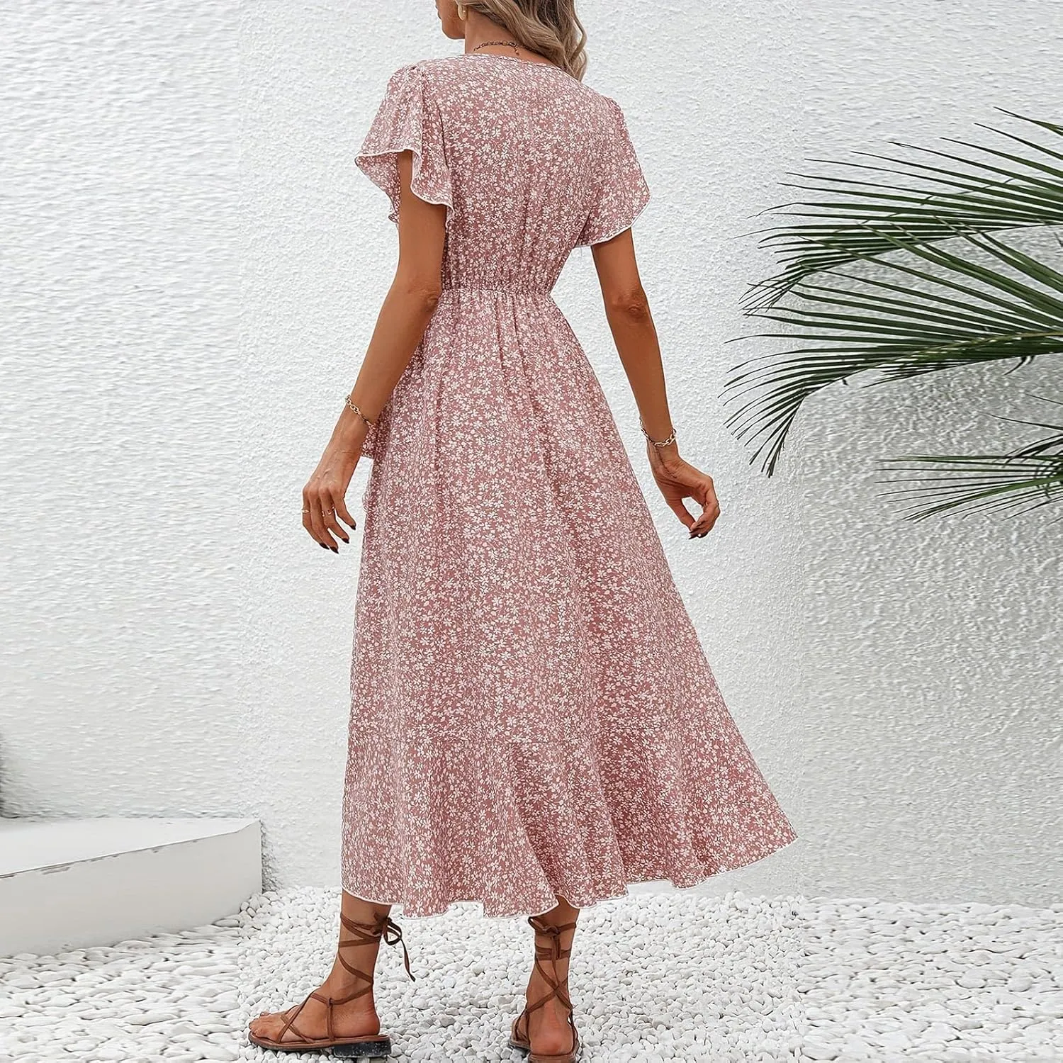 Summer Dresses for Women 2025,Womens Wrap V Neck Casual Dresses Floral Short Sleeve A-Line Ruffle Midi Sundress