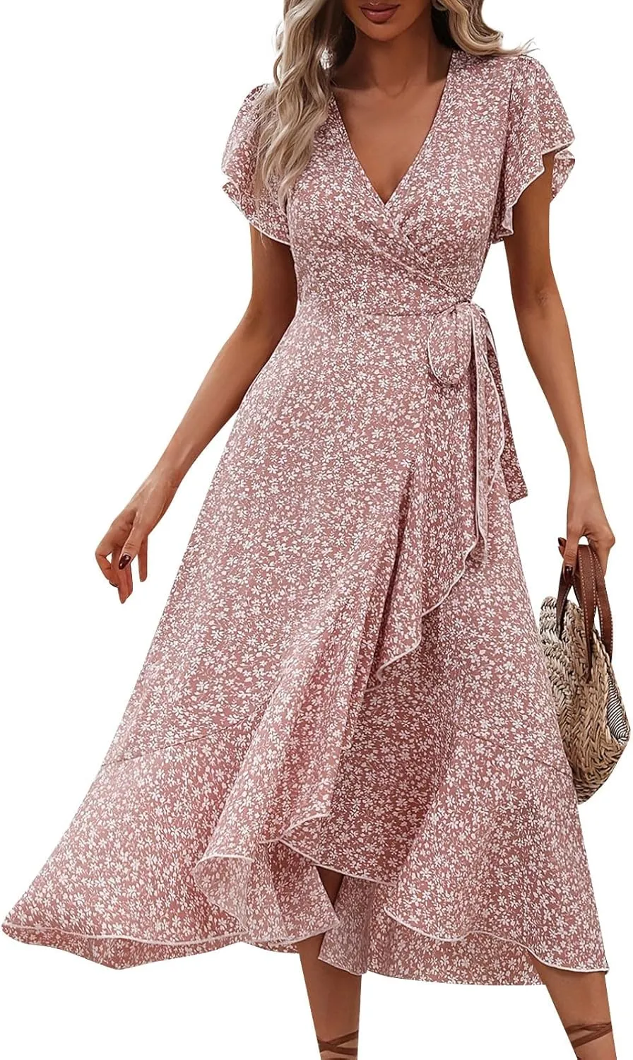 Summer Dresses for Women 2025,Womens Wrap V Neck Casual Dresses Floral Short Sleeve A-Line Ruffle Midi Sundress