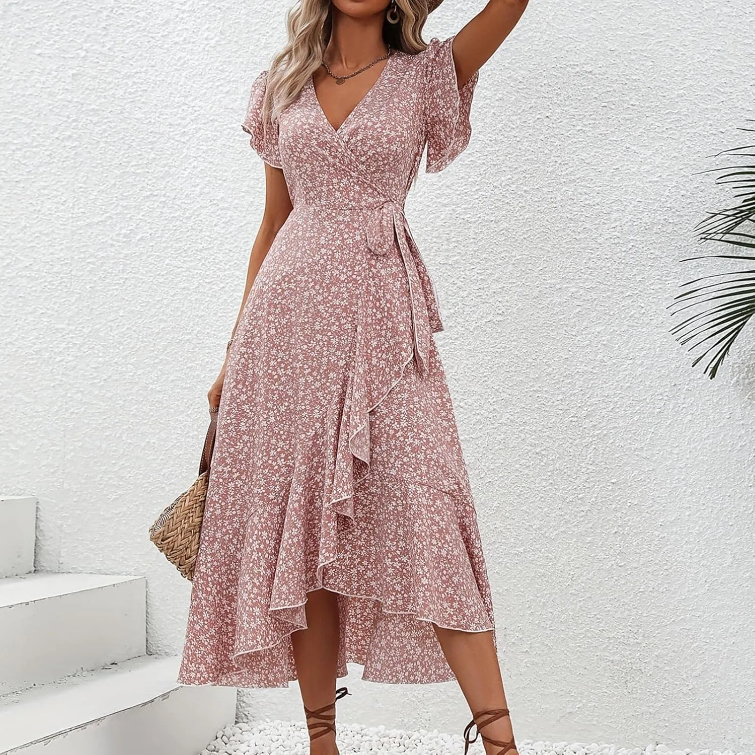 Summer Dresses for Women 2025,Womens Wrap V Neck Casual Dresses Floral Short Sleeve A-Line Ruffle Midi Sundress