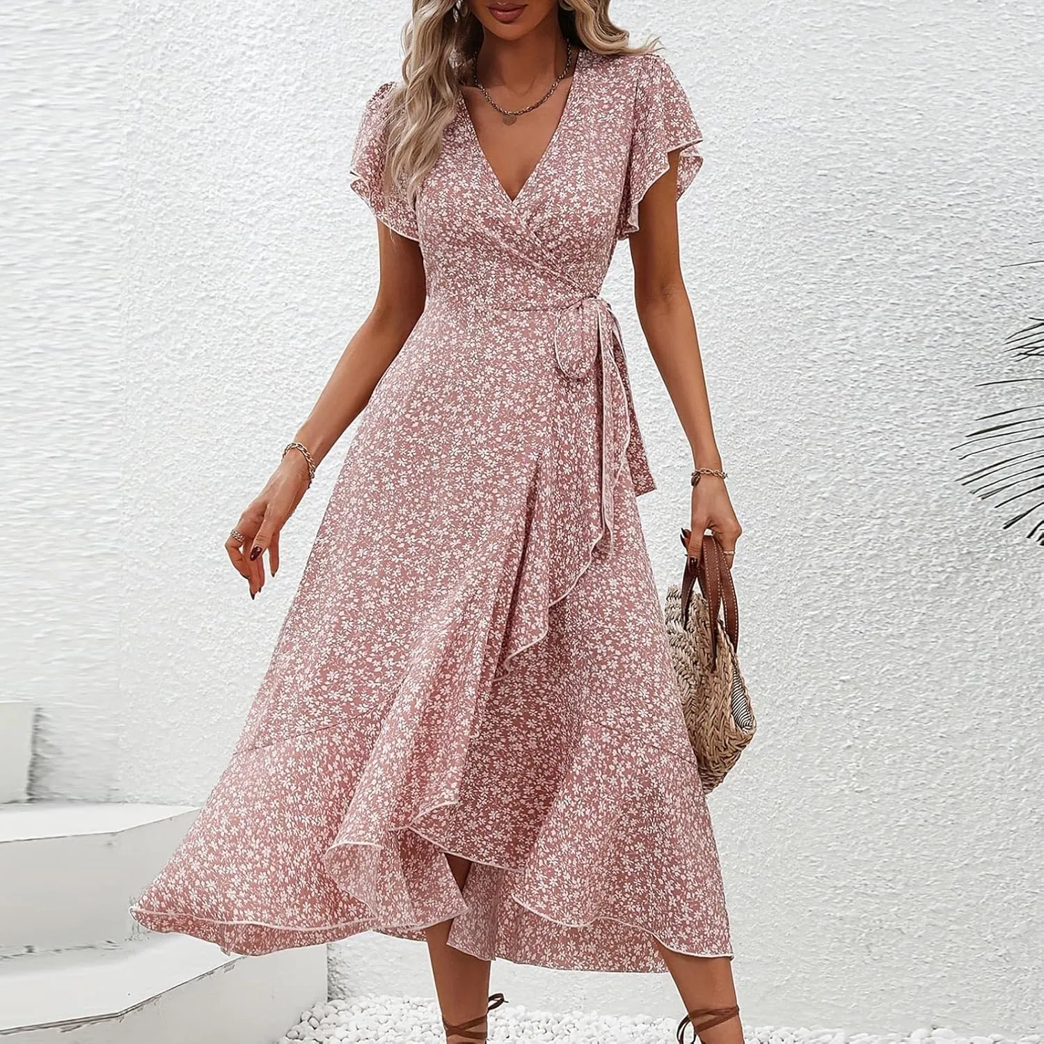 Summer Dresses for Women 2025,Womens Wrap V Neck Casual Dresses Floral Short Sleeve A-Line Ruffle Midi Sundress