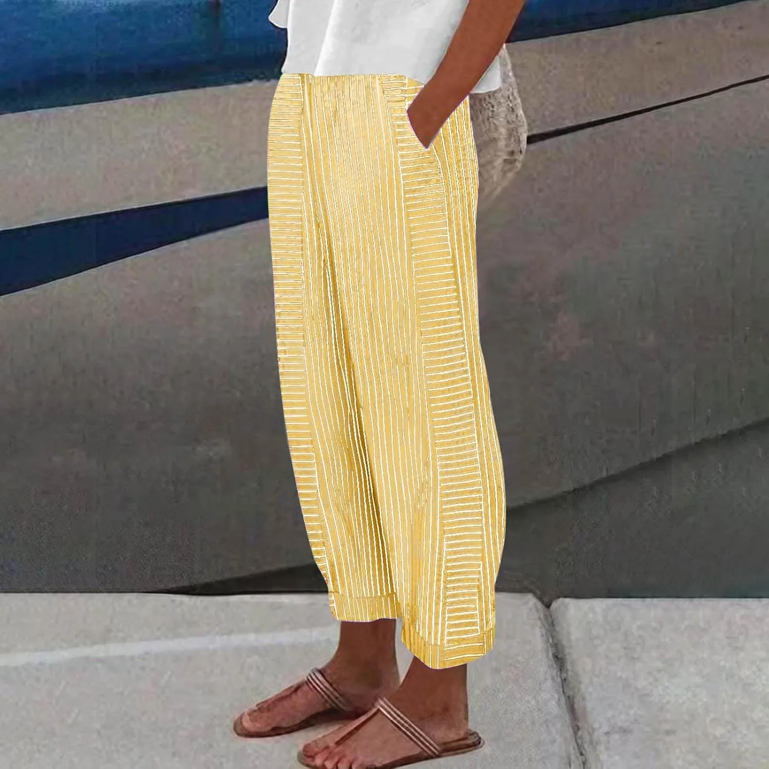 Summer Pants for Women Trendy Stripe Print Side Button Casual Pants Baggy Elastic Waist Straight Leg Comfy Trousers