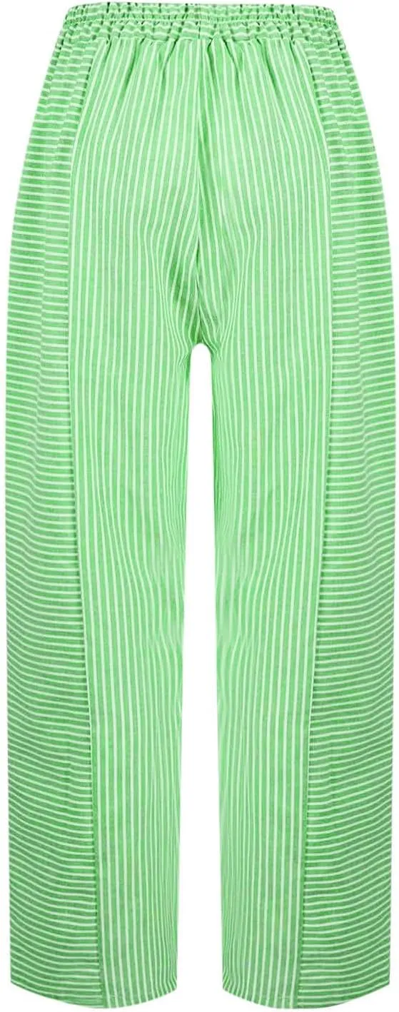 Summer Pants for Women Trendy Stripe Print Side Button Casual Pants Baggy Elastic Waist Straight Leg Comfy Trousers