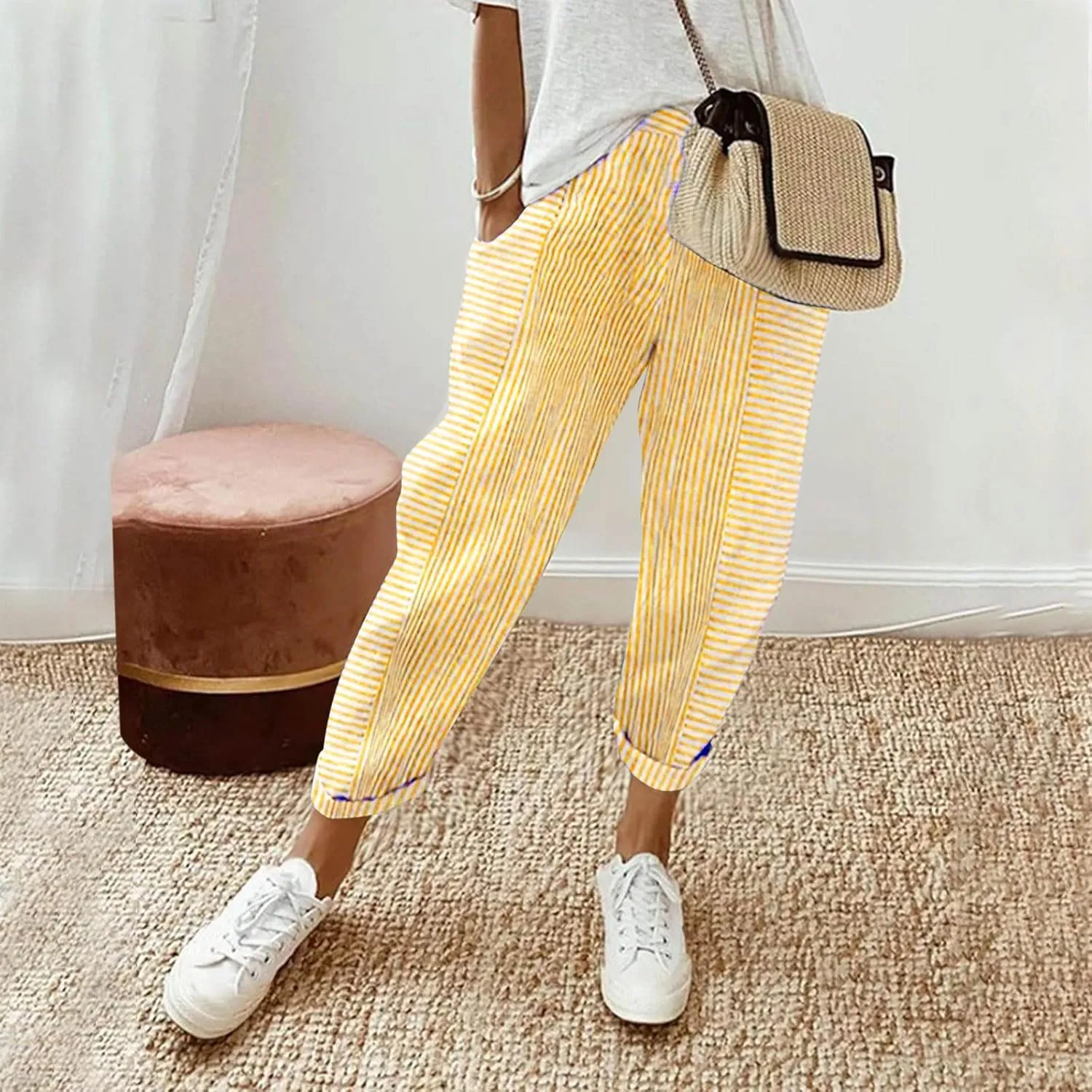Summer Pants for Women Trendy Stripe Print Side Button Casual Pants Baggy Elastic Waist Straight Leg Comfy Trousers