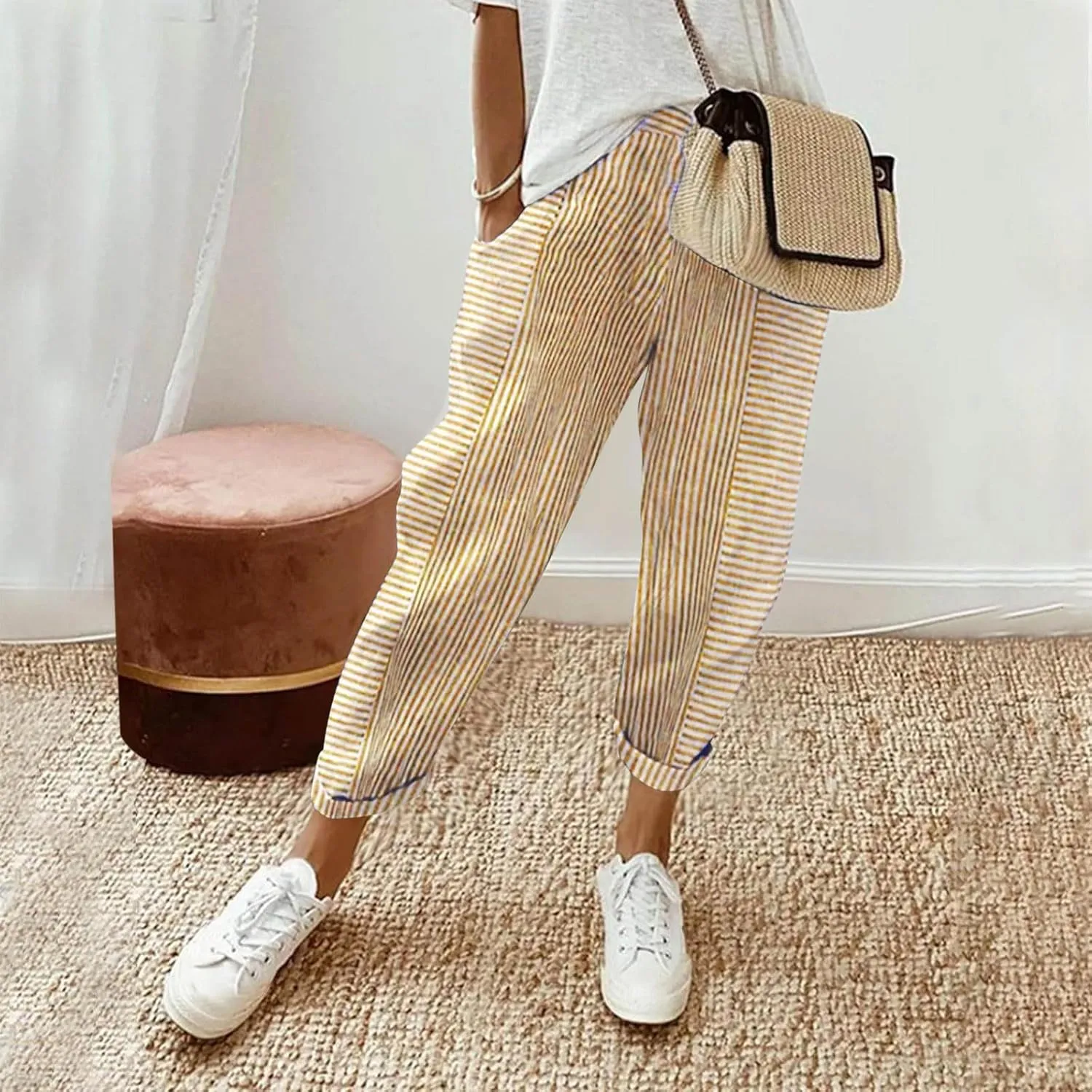 Summer Pants for Women Trendy Stripe Print Side Button Casual Pants Baggy Elastic Waist Straight Leg Comfy Trousers