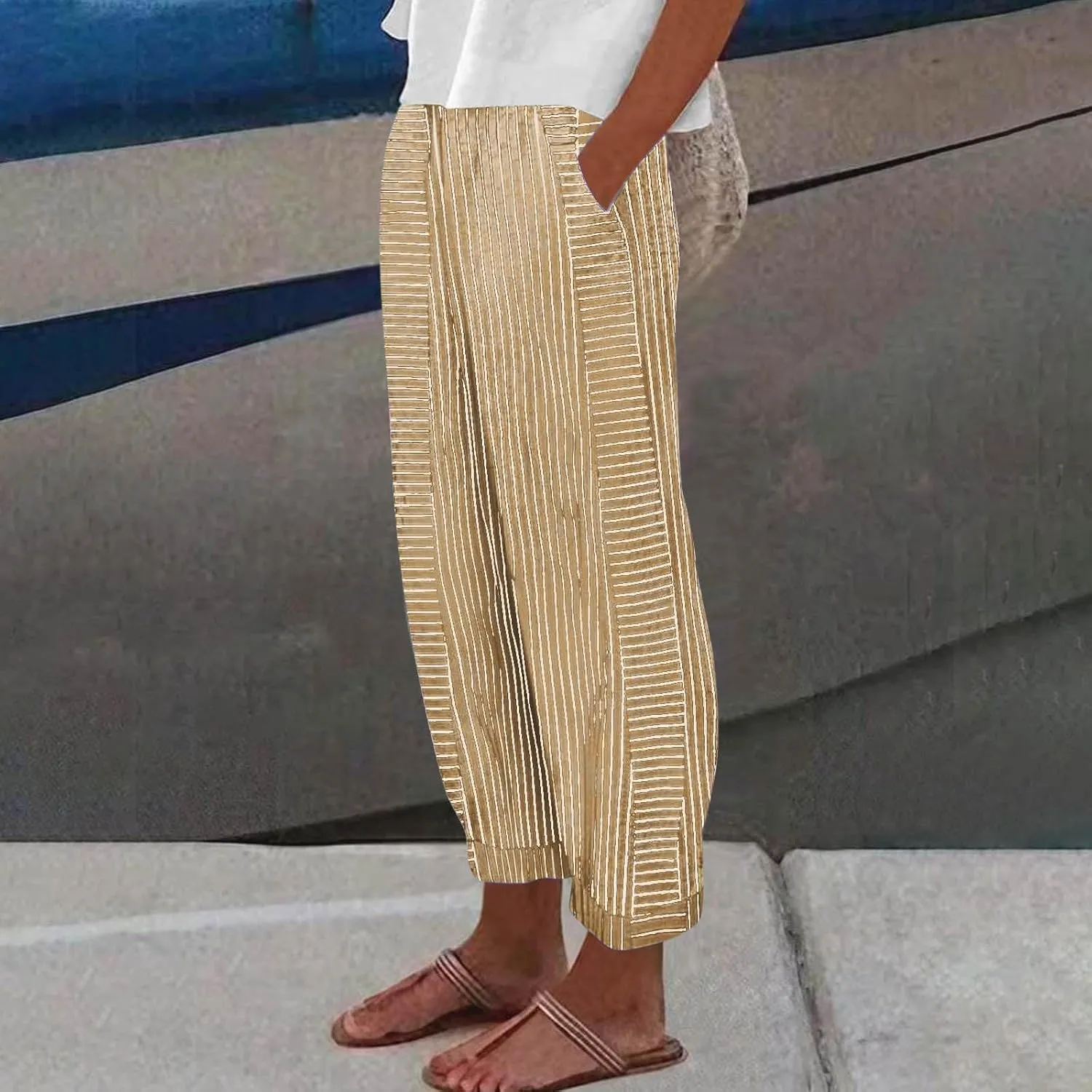 Summer Pants for Women Trendy Stripe Print Side Button Casual Pants Baggy Elastic Waist Straight Leg Comfy Trousers
