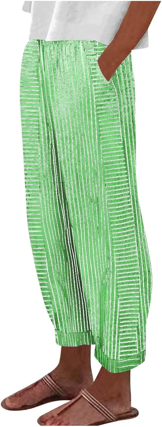 Summer Pants for Women Trendy Stripe Print Side Button Casual Pants Baggy Elastic Waist Straight Leg Comfy Trousers