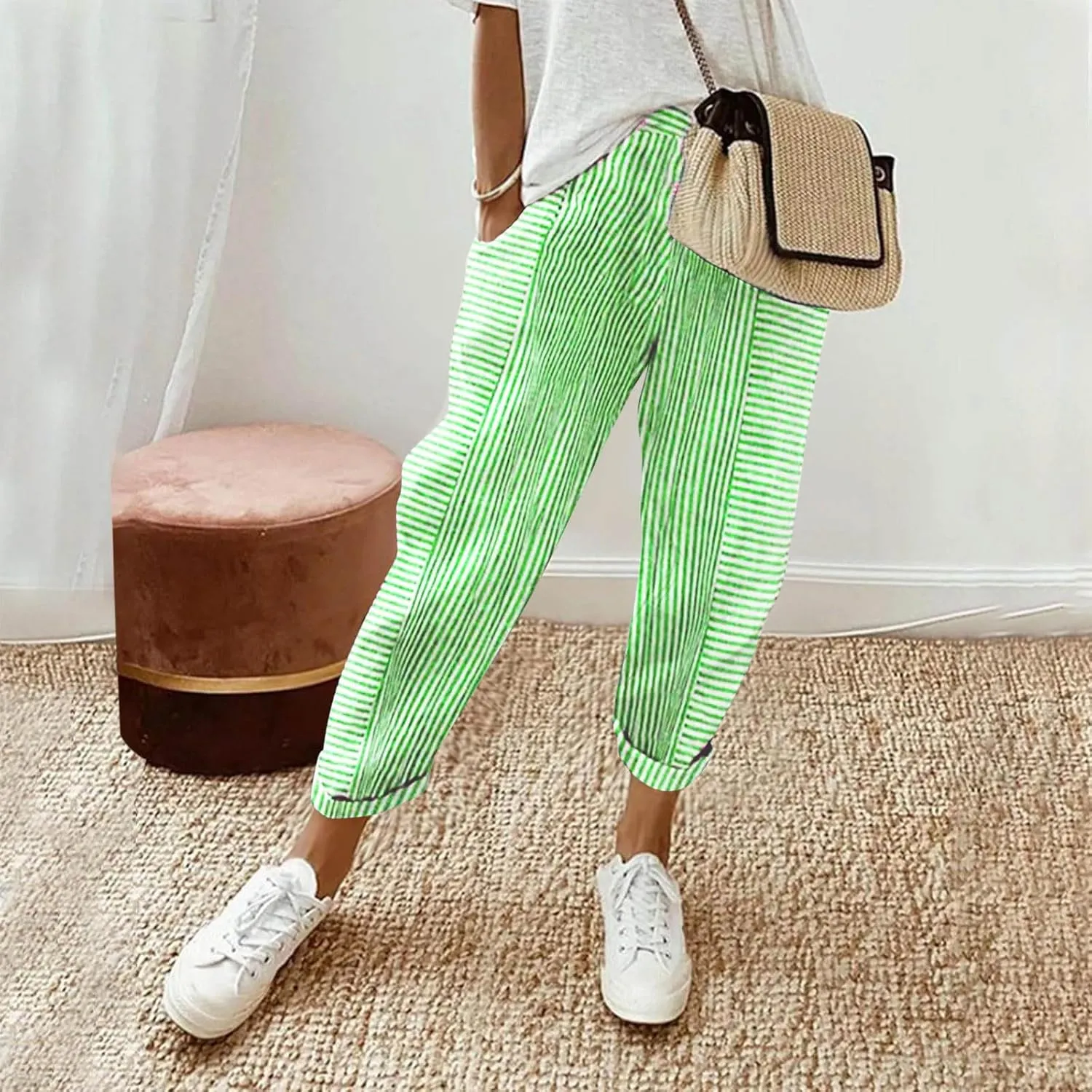 Summer Pants for Women Trendy Stripe Print Side Button Casual Pants Baggy Elastic Waist Straight Leg Comfy Trousers