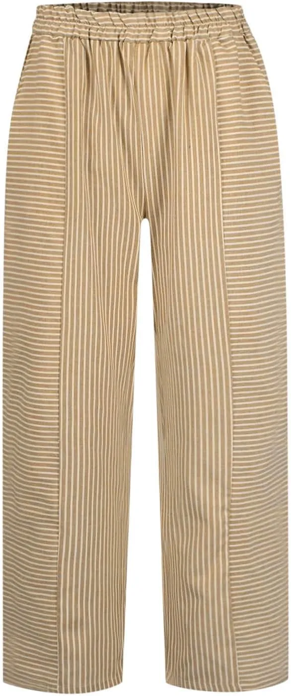 Summer Pants for Women Trendy Stripe Print Side Button Casual Pants Baggy Elastic Waist Straight Leg Comfy Trousers
