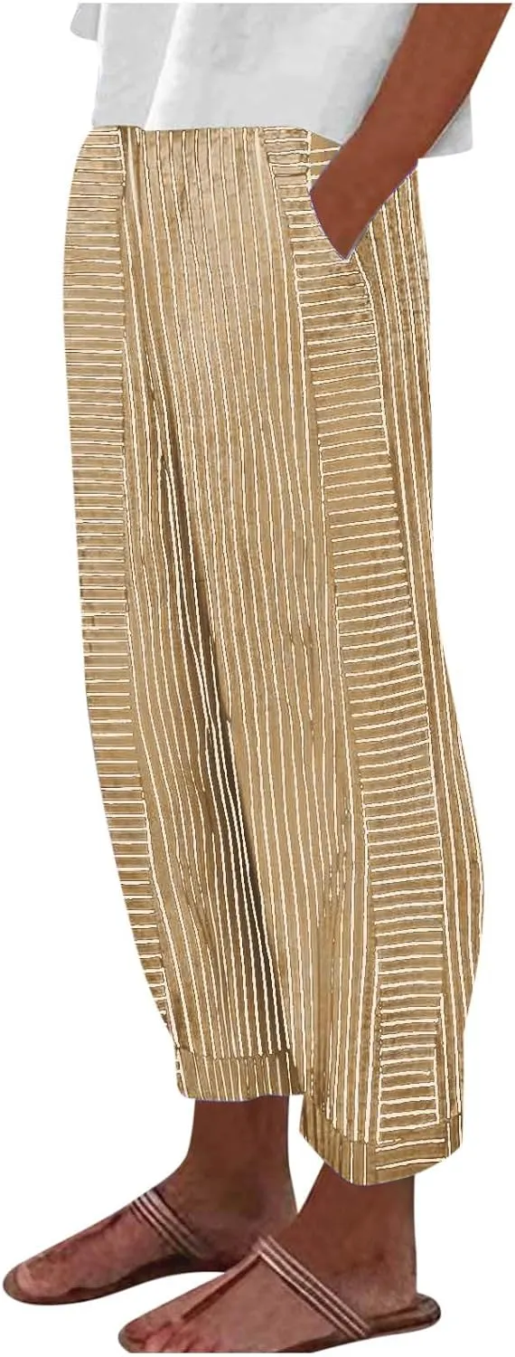 Summer Pants for Women Trendy Stripe Print Side Button Casual Pants Baggy Elastic Waist Straight Leg Comfy Trousers