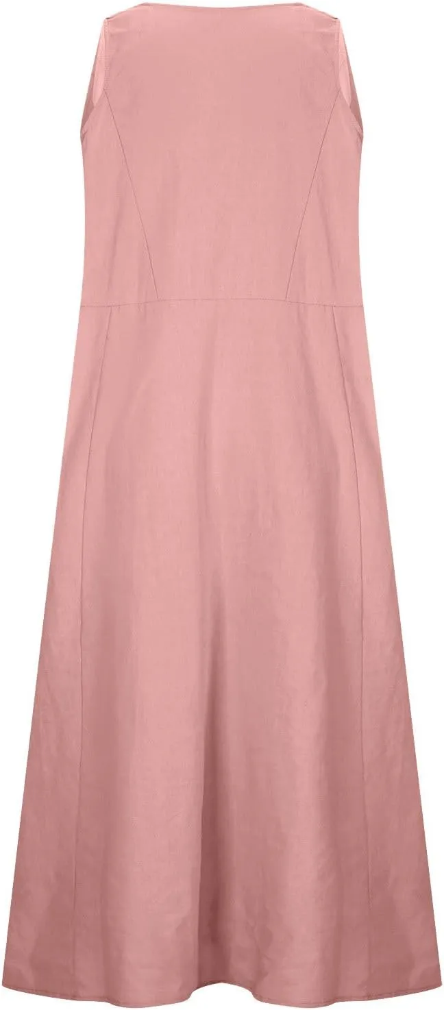Sun Dresses for Women 2025 Vacation Boho Floral Sundress Plus Size Cotton Linen Dresses Sleeveless Dress with Pockets