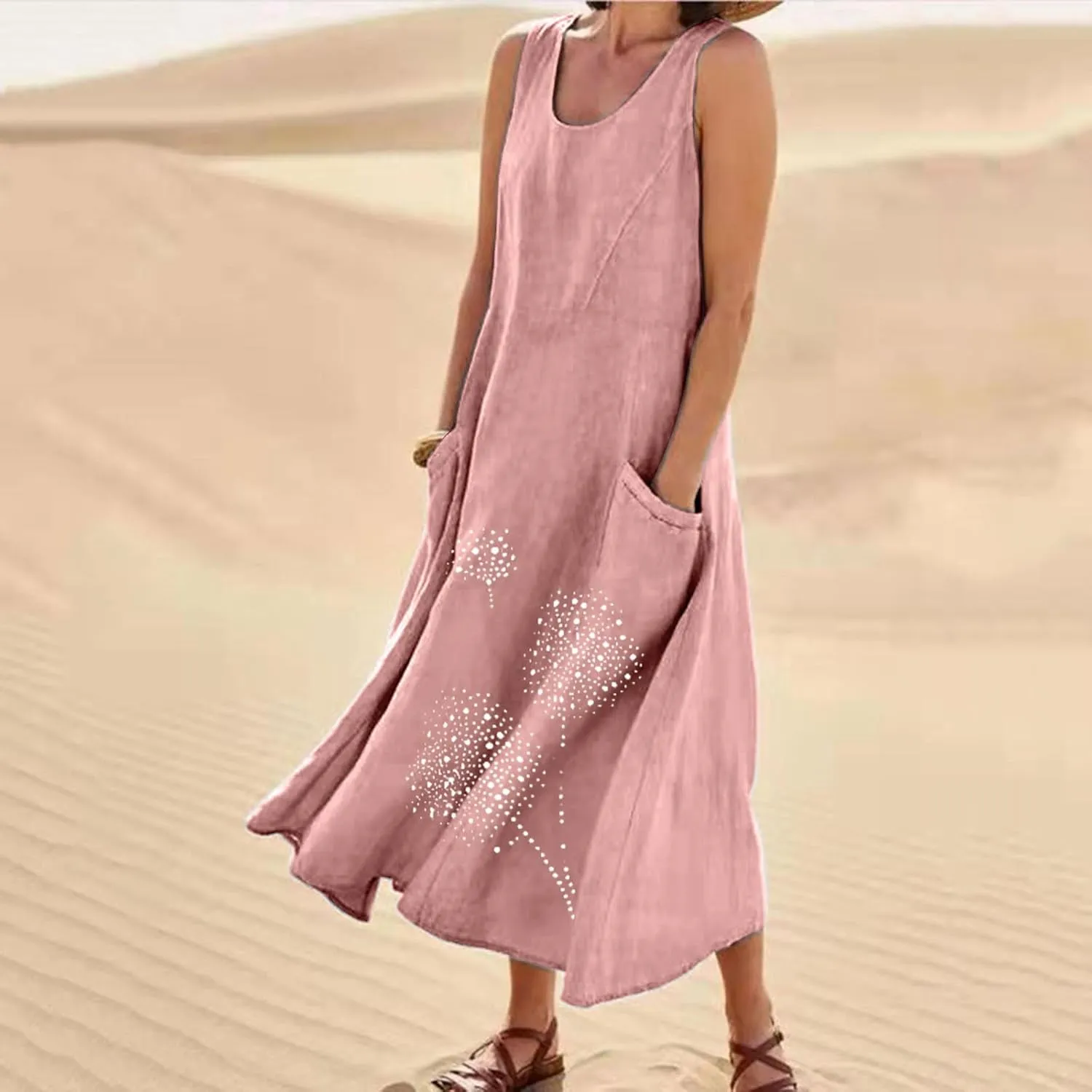 Sun Dresses for Women 2025 Vacation Boho Floral Sundress Plus Size Cotton Linen Dresses Sleeveless Dress with Pockets