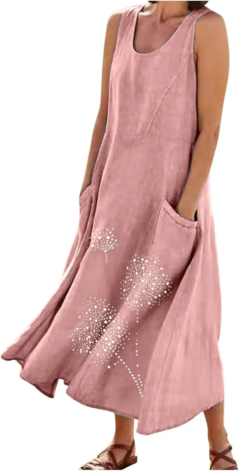 Sun Dresses for Women 2025 Vacation Boho Floral Sundress Plus Size Cotton Linen Dresses Sleeveless Dress with Pockets