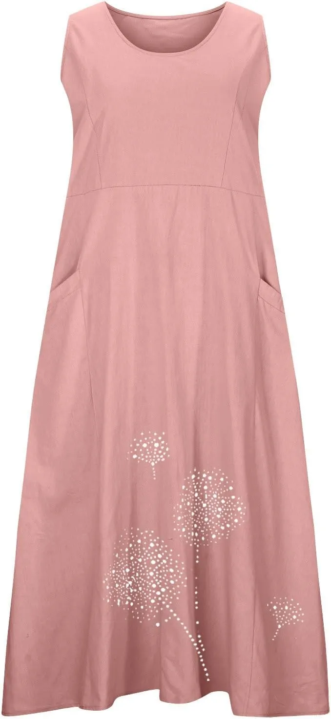 Sun Dresses for Women 2025 Vacation Boho Floral Sundress Plus Size Cotton Linen Dresses Sleeveless Dress with Pockets