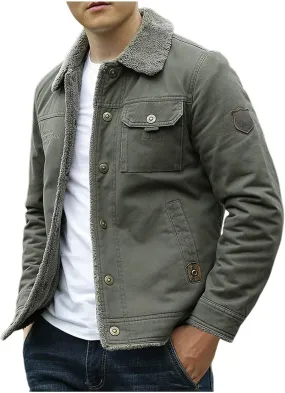 Sunward Men's Sherpa Fleece Lined Trucker Jacket Fur Collar Full Zip up Heavyweight Cargo Jackets Warm Winter Denim Jacket