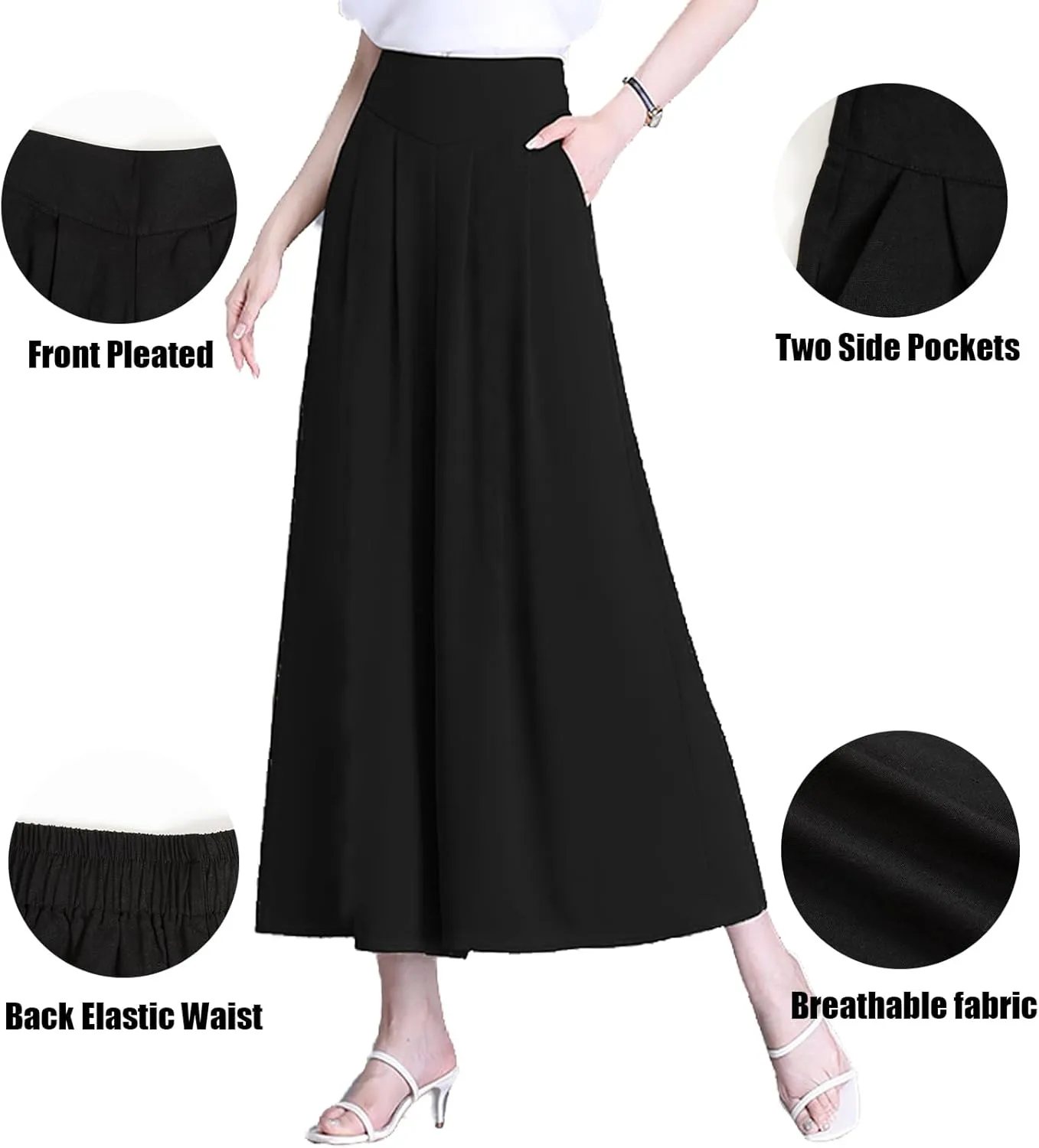 ThCreasa Womens Solid Back Elastic Waist Culottes Pants Cotton Linen Wide Leg Palazzo Cropped Trousers with Pockets