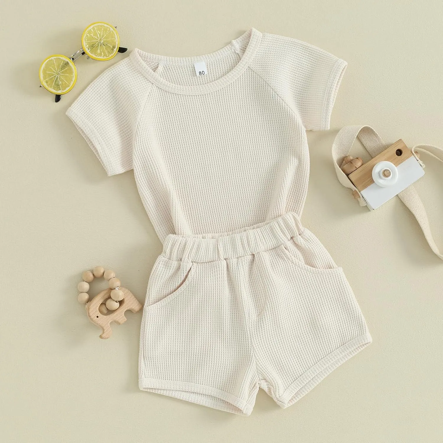 Toddler Boys Waffle Knit Shorts Set Short Sleeve T-shirt Top Elastic Waist Pockets Shorts Suit 2Pcs Summer Outfits