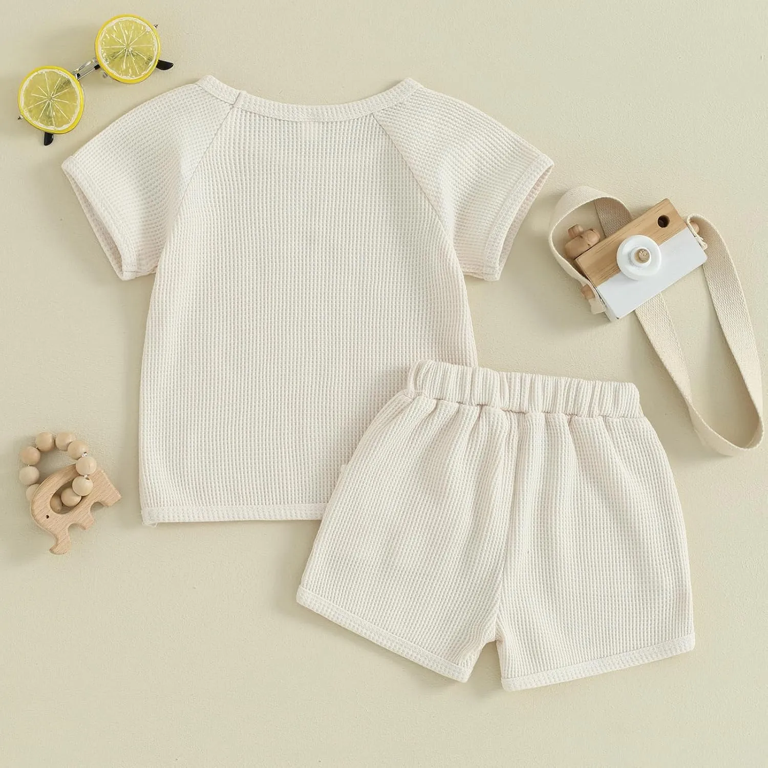 Toddler Boys Waffle Knit Shorts Set Short Sleeve T-shirt Top Elastic Waist Pockets Shorts Suit 2Pcs Summer Outfits