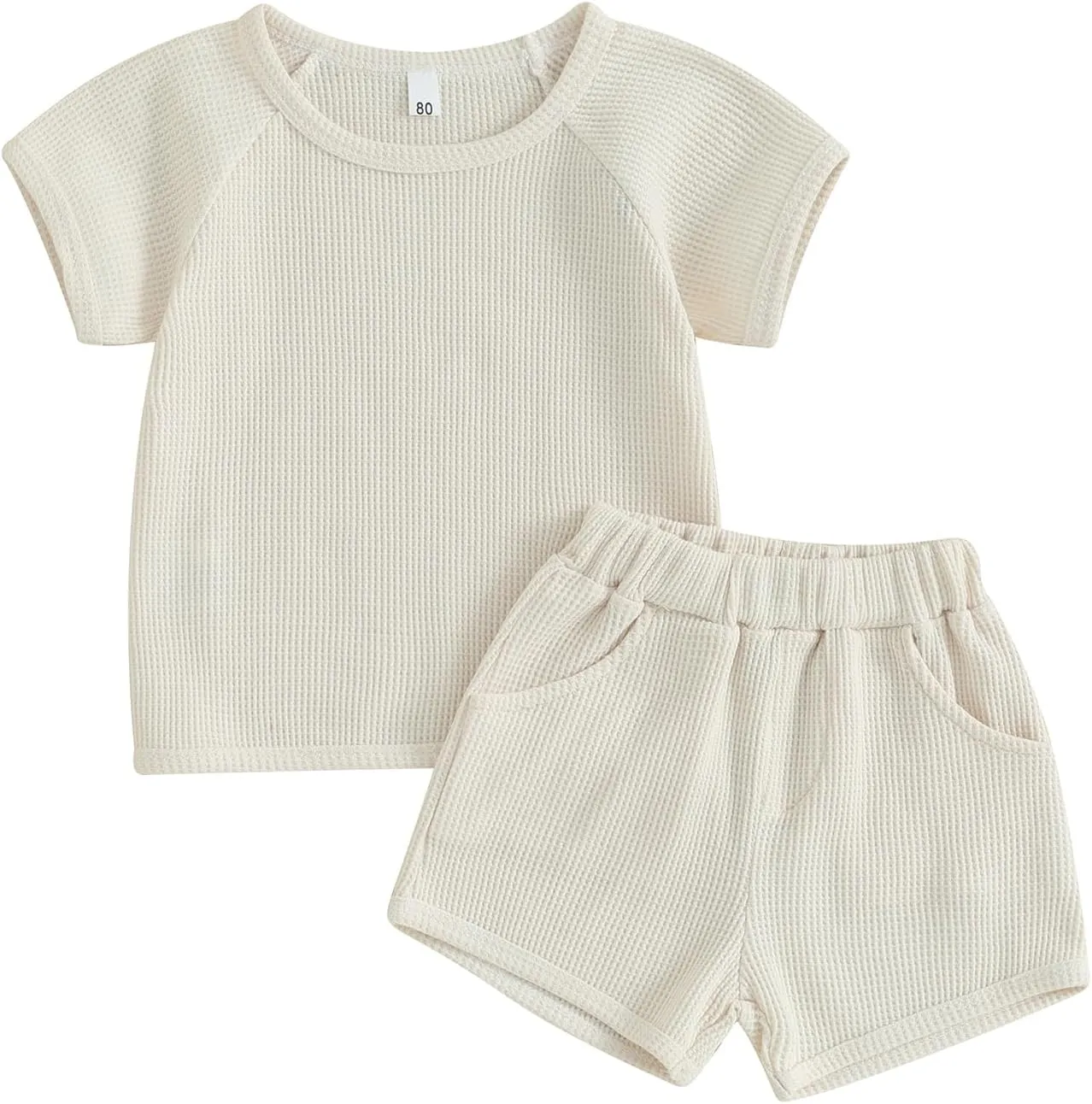 Toddler Boys Waffle Knit Shorts Set Short Sleeve T-shirt Top Elastic Waist Pockets Shorts Suit 2Pcs Summer Outfits
