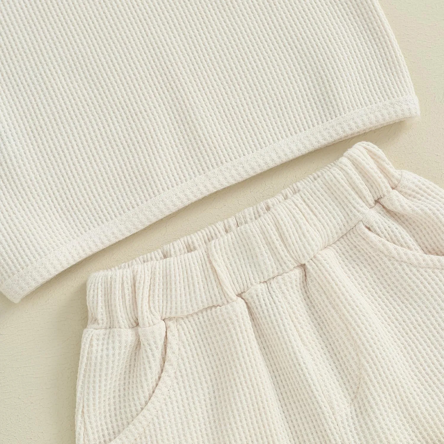 Toddler Boys Waffle Knit Shorts Set Short Sleeve T-shirt Top Elastic Waist Pockets Shorts Suit 2Pcs Summer Outfits