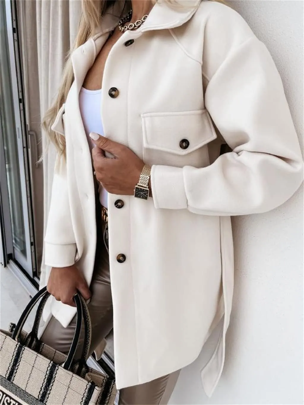 Trench Coat Women Long Sleeve Lapel Button Down Belted Jacket Outerwear Casual Peacoat Fall Outfit with Pocket Fashion