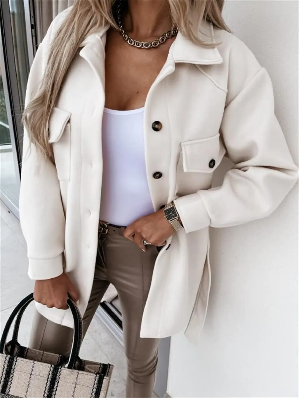 Trench Coat Women Long Sleeve Lapel Button Down Belted Jacket Outerwear Casual Peacoat Fall Outfit with Pocket Fashion
