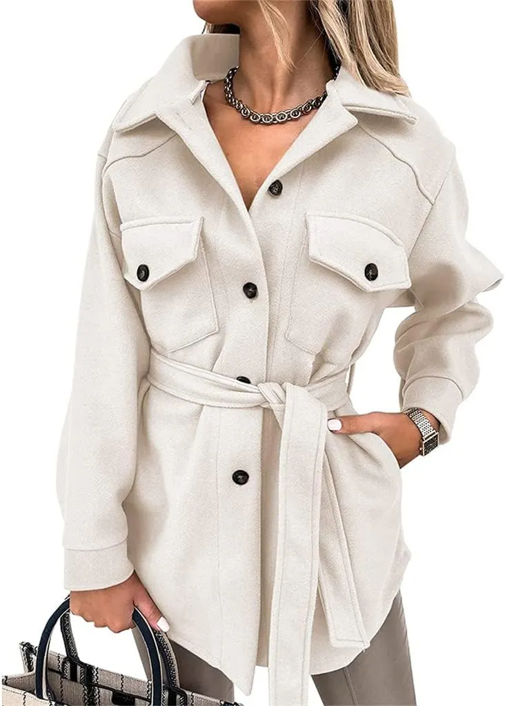 Trench Coat Women Long Sleeve Lapel Button Down Belted Jacket Outerwear Casual Peacoat Fall Outfit with Pocket Fashion