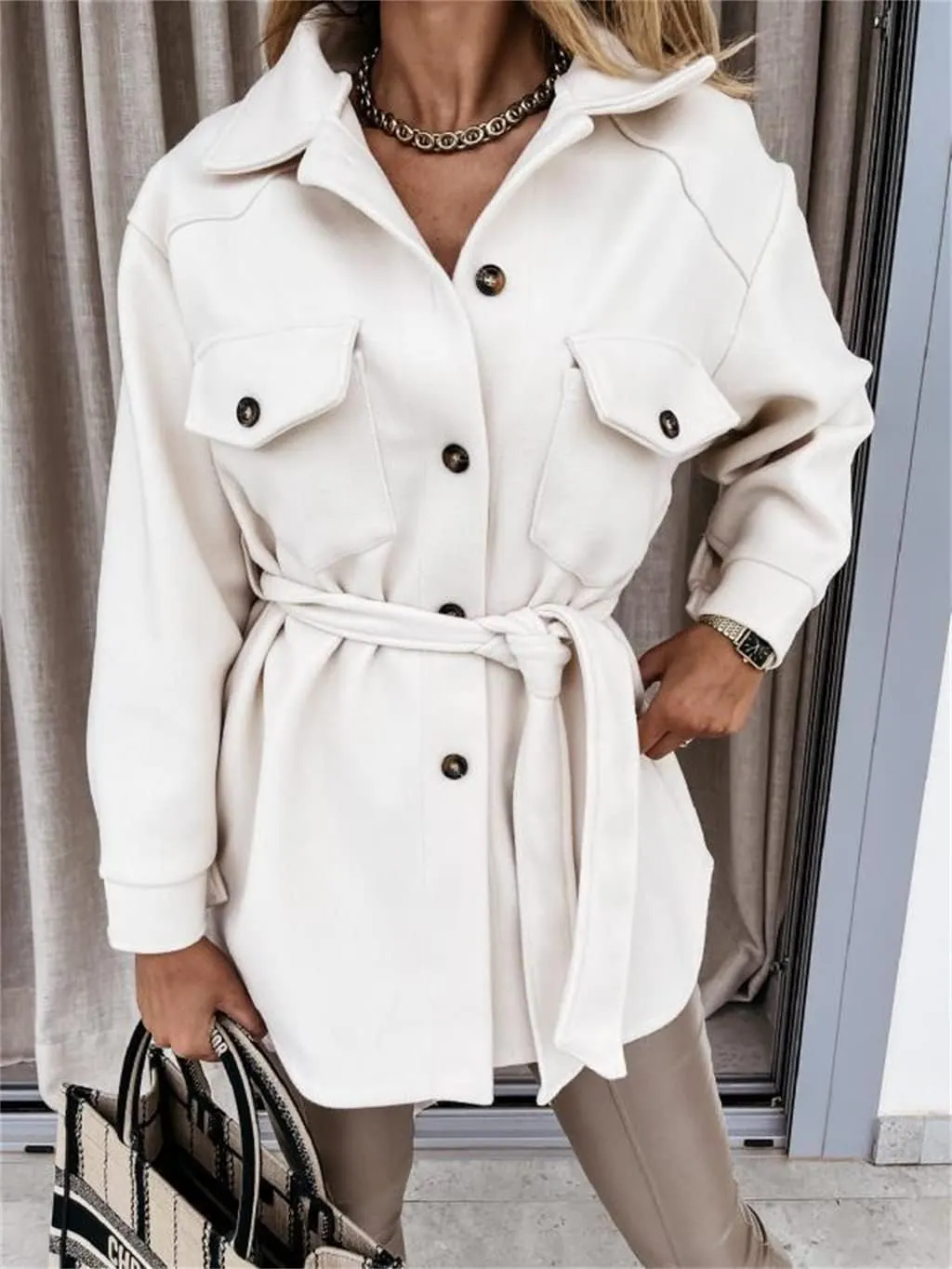 Trench Coat Women Long Sleeve Lapel Button Down Belted Jacket Outerwear Casual Peacoat Fall Outfit with Pocket Fashion