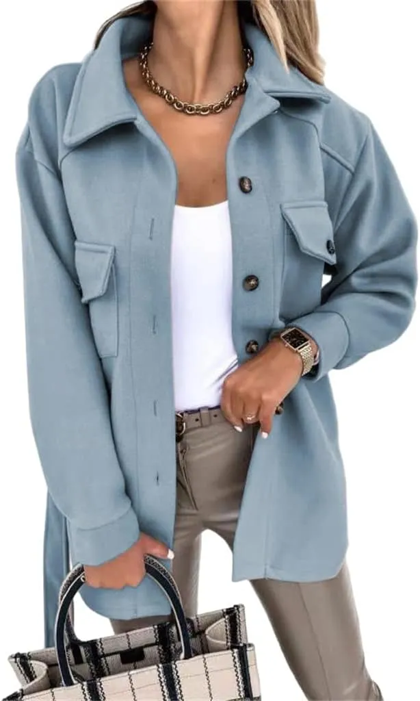Trench Coat Women Long Sleeve Lapel Button Down Belted Jacket Outerwear Casual Peacoat Fall Outfit with Pocket Fashion