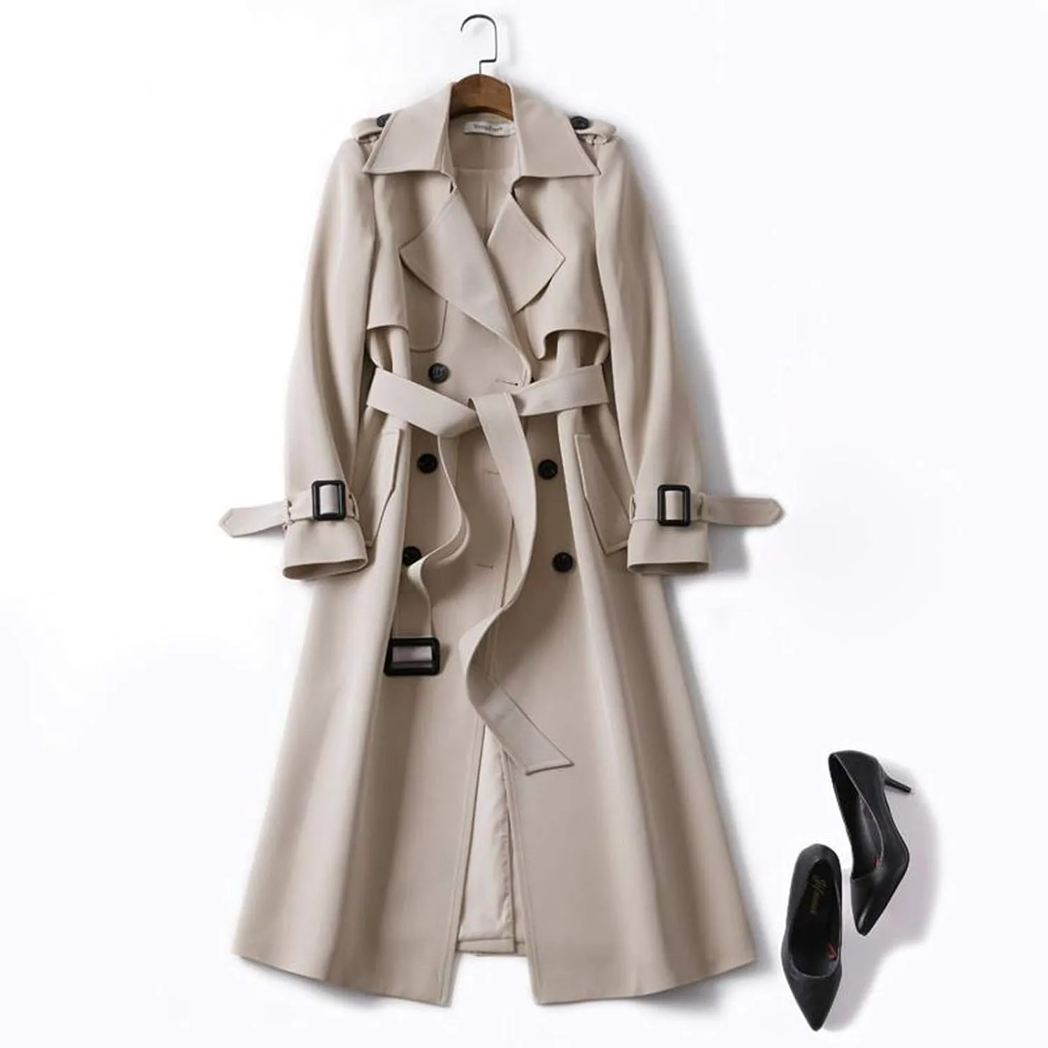 Trench Coats for Women Double Breasted Long Trench Coat Belted Notch Lapel Overcoat Windproof Classic Outerwear