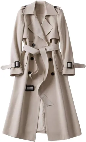 Trench Coats for Women Double Breasted Long Trench Coat Belted Notch Lapel Overcoat Windproof Classic Outerwear