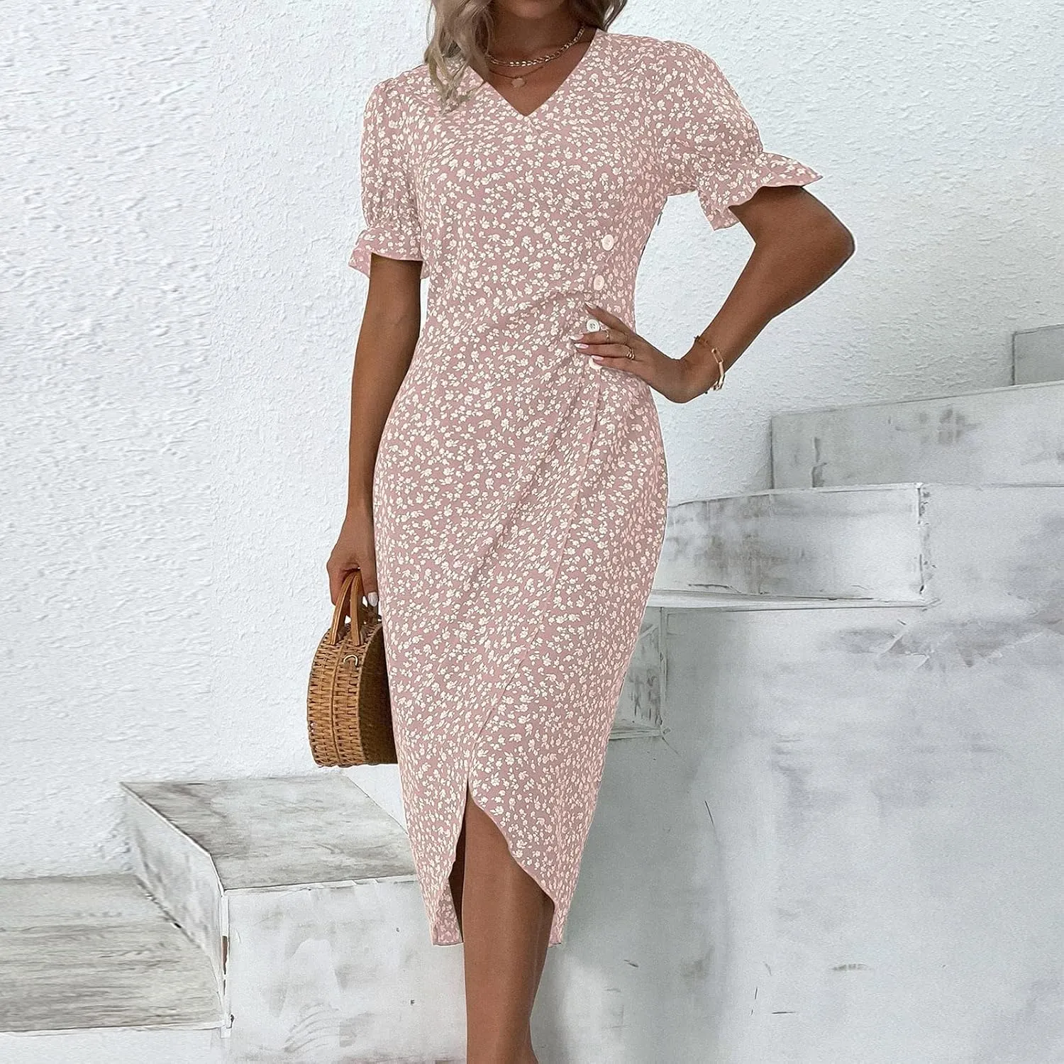 TWGONE Beach Dresses for Women 2025 Spring Trendy Floral Boho Midi Dress Casual V Neck Short Sleeve Irregular Hem Dress