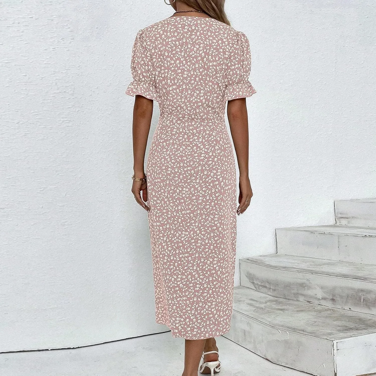 TWGONE Beach Dresses for Women 2025 Spring Trendy Floral Boho Midi Dress Casual V Neck Short Sleeve Irregular Hem Dress