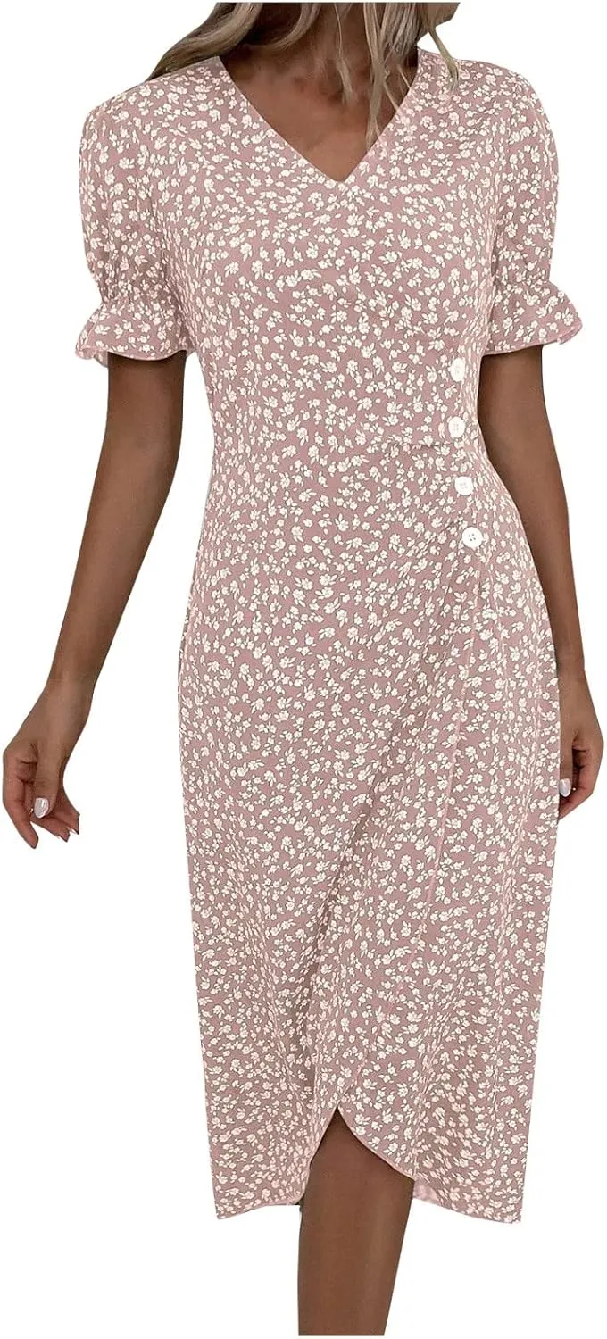 TWGONE Beach Dresses for Women 2025 Spring Trendy Floral Boho Midi Dress Casual V Neck Short Sleeve Irregular Hem Dress