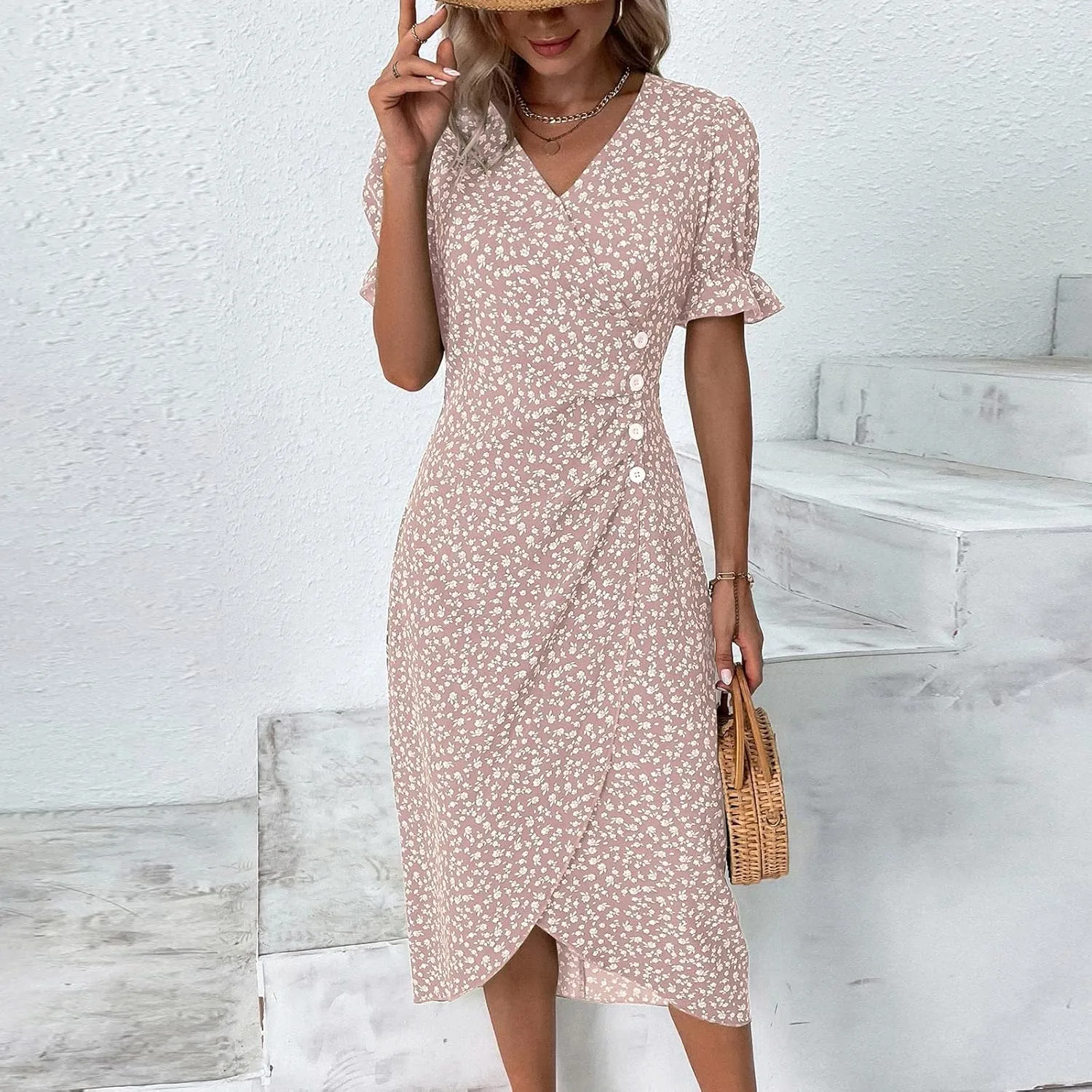 TWGONE Beach Dresses for Women 2025 Spring Trendy Floral Boho Midi Dress Casual V Neck Short Sleeve Irregular Hem Dress