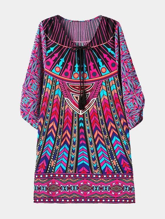Wholesale Crew Neck Geometrical 3/4 Length Sleeve Slit Hem Midi Dress